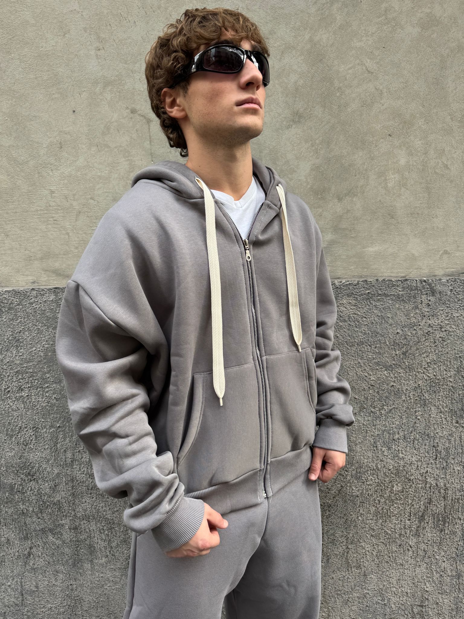 Felpa Zip con laccio - Grigio Cemento